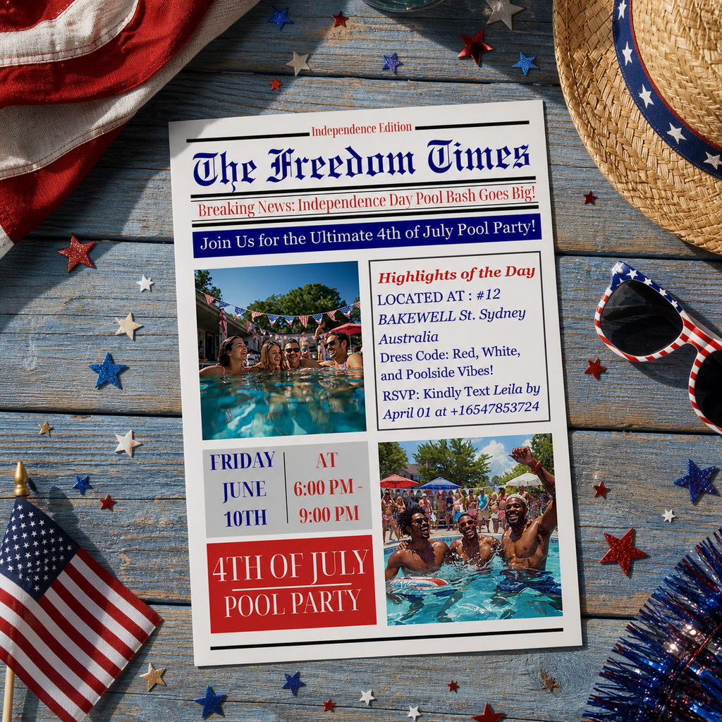 Newspaper 4th of July Pool Party Invitation with Photo, Patriotic BBQ Cookout Invite, USA Independence Day, Printable Digital Template