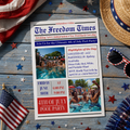 Newspaper 4th of July Pool Party Invitation with Photo, Patriotic BBQ Cookout Invite, USA Independence Day, Printable Digital Template