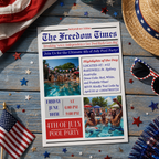 Newspaper 4th of July Pool Party Invitation with Photo, Patriotic BBQ Cookout Invite, USA Independence Day, Printable Digital Template
