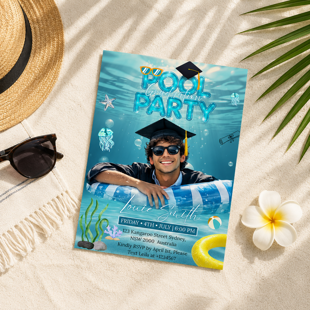 Pool Party Graduation Invitation with Photo, Summer Tropical Senior Grad Party Invite for Him and Her, Printable Editable Digital Template