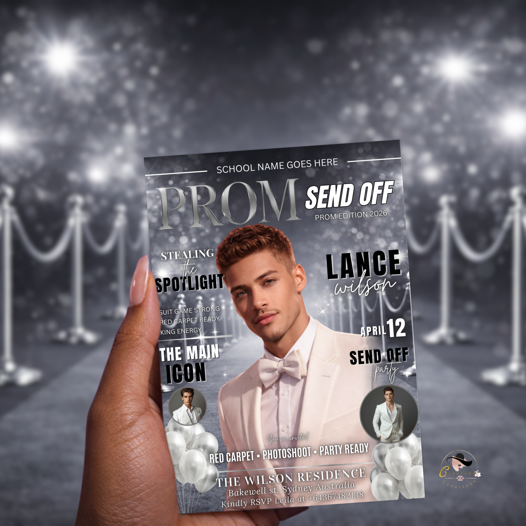 White Silver Prom Send Off Party Invitation, Prom King with photo invite, Boys Prom Night Flyer, High School Prom Digital Printable Template