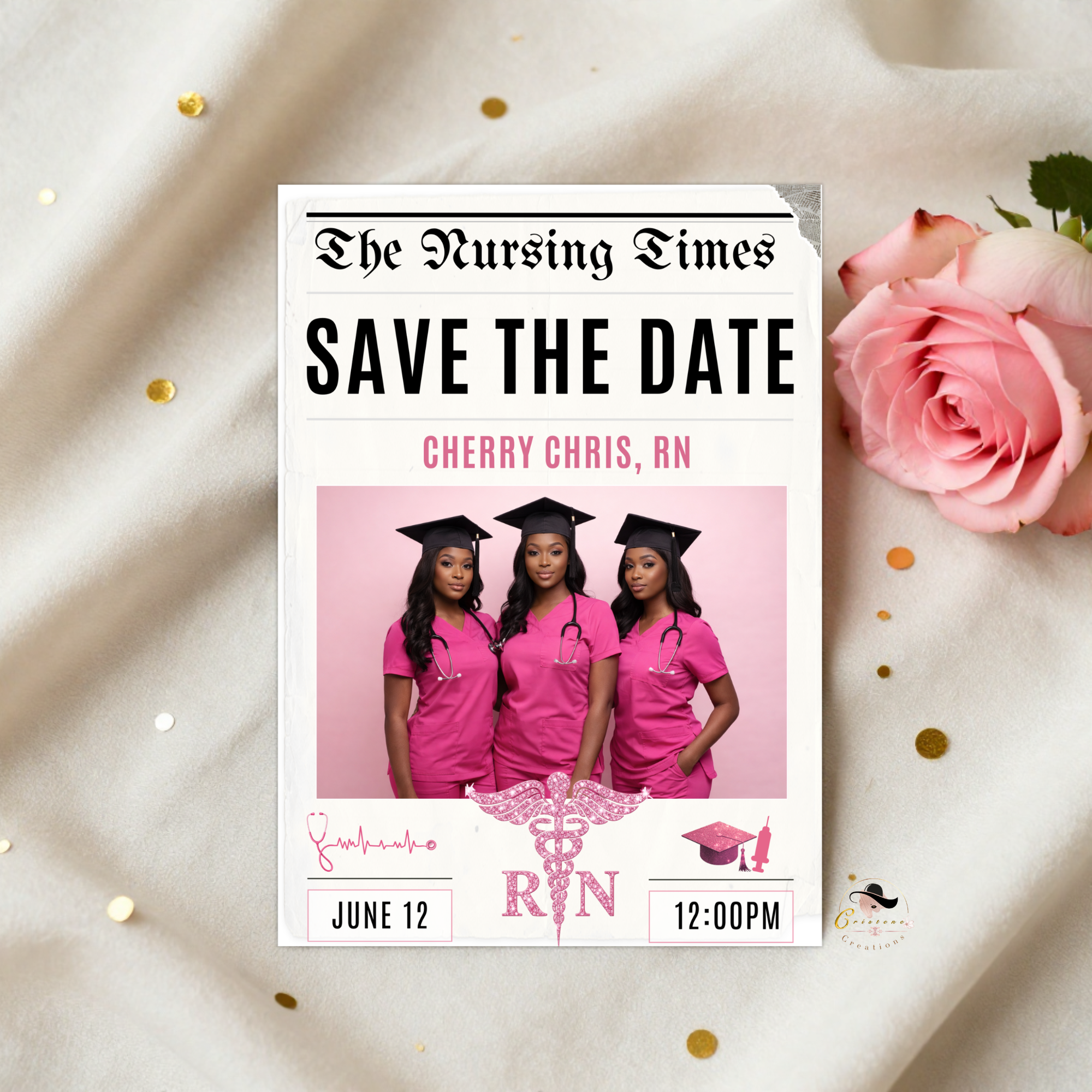 Nurse Graduation Save the Date Invitation, Pink Newspaper Grad Party with photo Invite, Pinning Ceremony RN Invite, Digital Canva Template