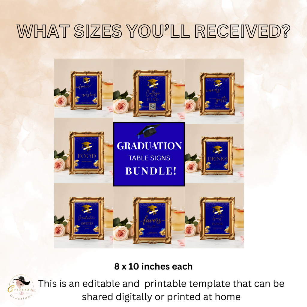 Blue Gold Graduation Party Table Signs Bundle, Senior Grad Favor sign, Dessert Sign, Food Cocktails Sign, Graduates Decor Printable Template