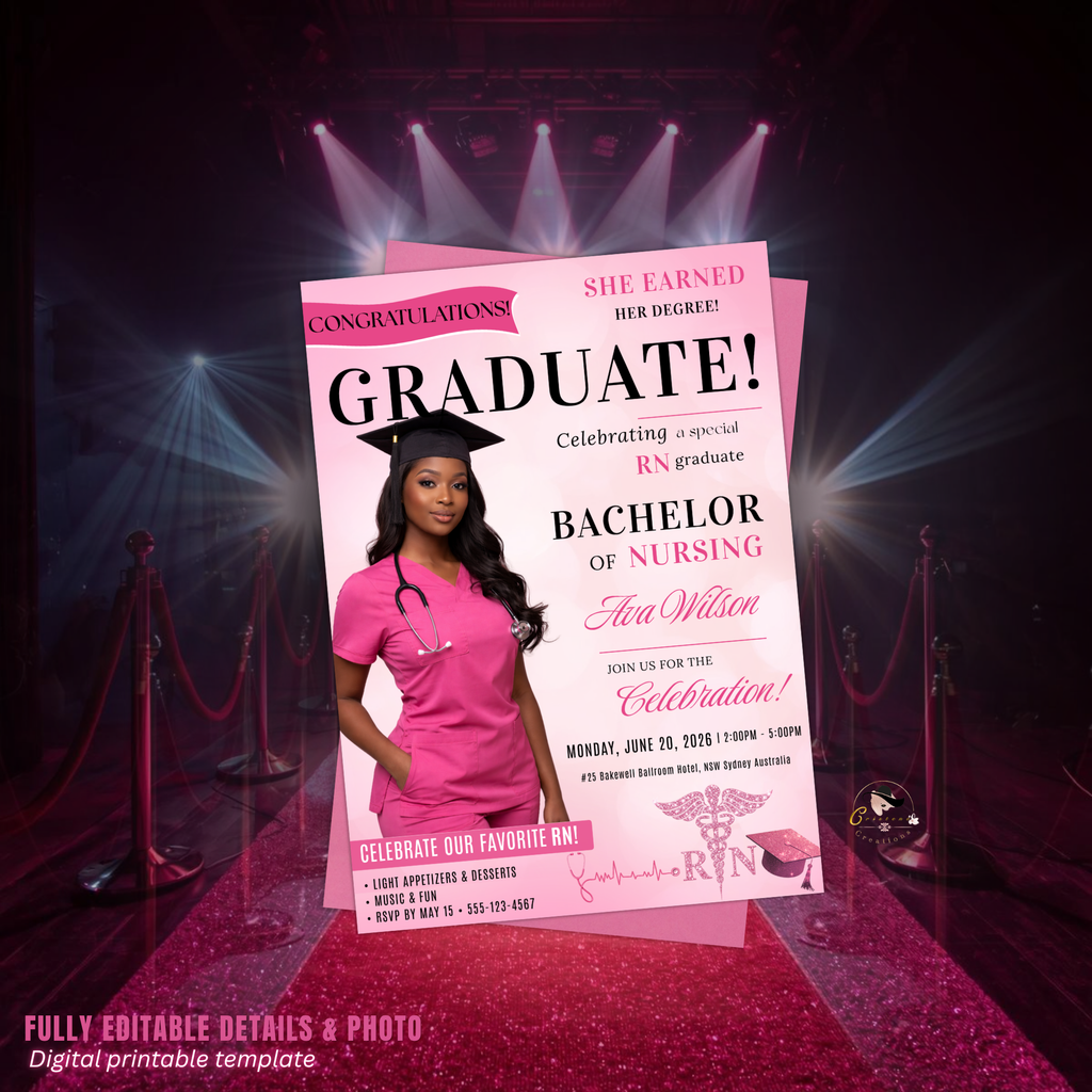 Nurse Graduation Invitation with Photo, Pink Magazine Style RN BSN Pinning Ceremony Invite, Canva Digital Printable Flyer Template