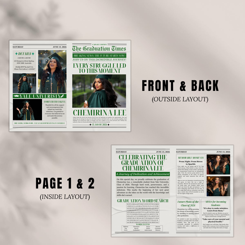 Class of 2026 Graduation Newspaper Template with Photo, Green Grad Announcement for Boys and Girls, Canva Editable Digital Printable