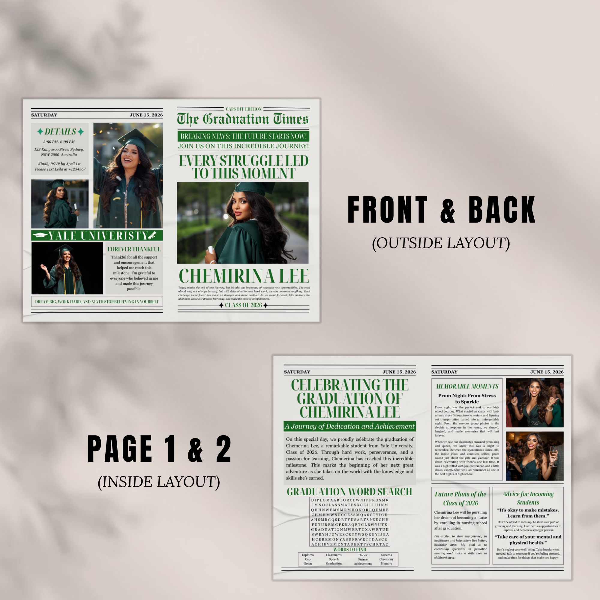 Class of 2026 Graduation Newspaper Template with Photo, Green Grad Announcement for Boys and Girls, Canva Editable Digital Printable