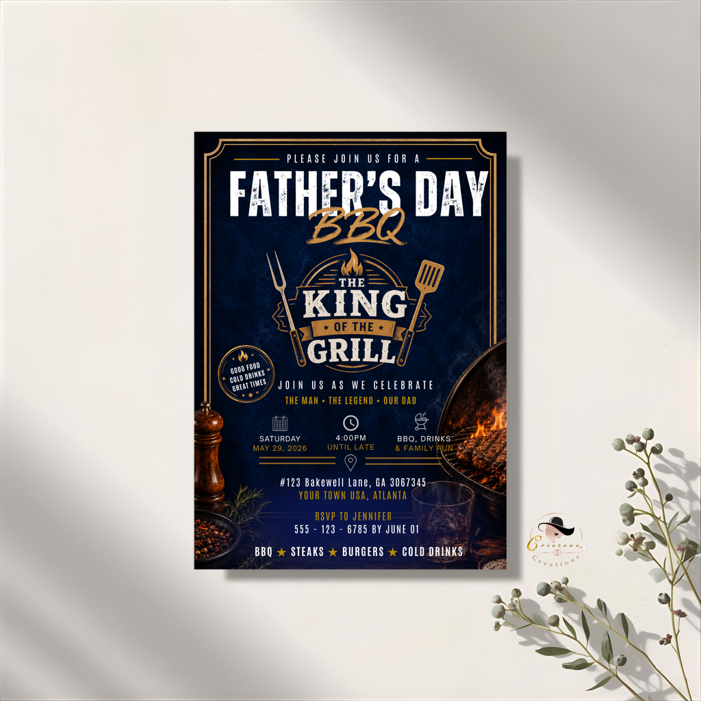 Father’s Day BBQ Party Invitation, Dad Barbecue Cookout Invite, Summer Grill Party Invite, Blue Editable Canva Printable Digital Template