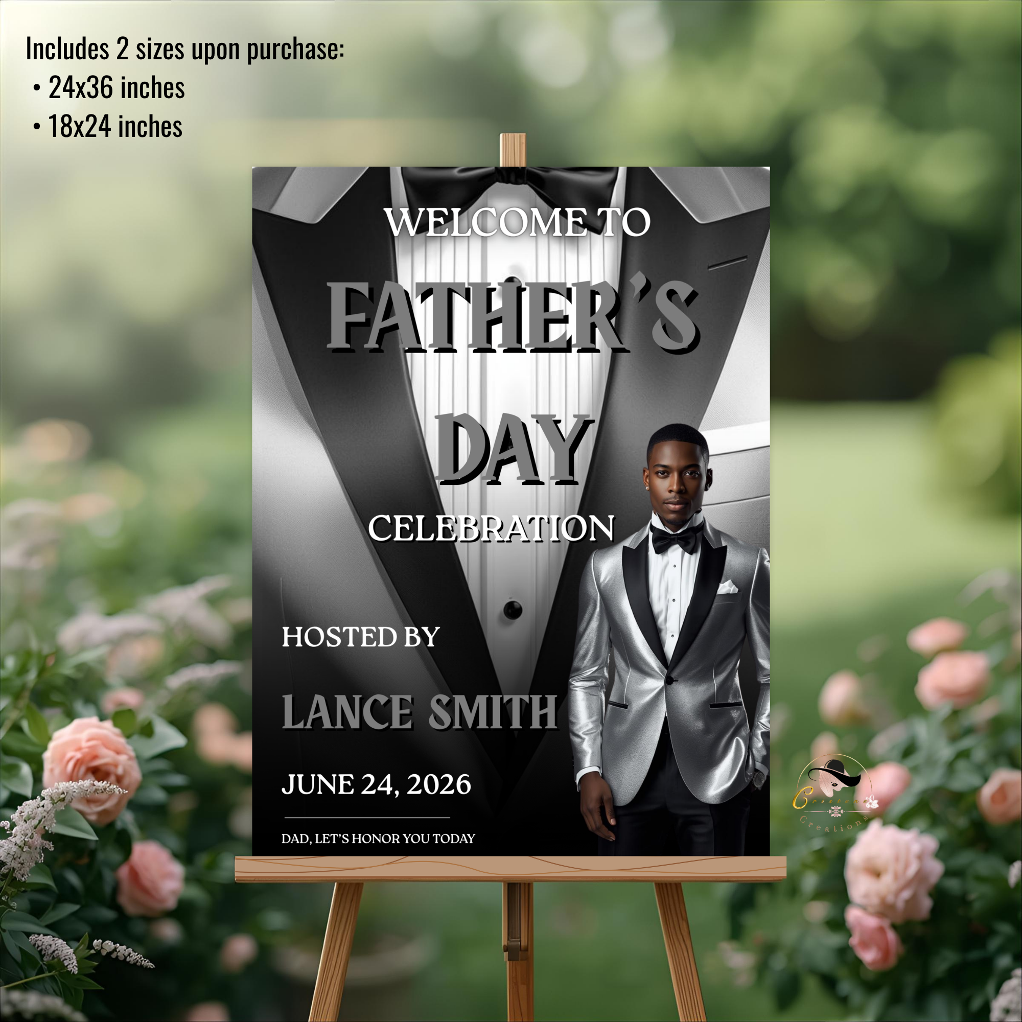 Black Silver Fathers Day Welcome Sign with Photo, Tuxedo Gentleman Party Sign, Birthday Retirement Sign, Dad Poster Sign, Printable Template