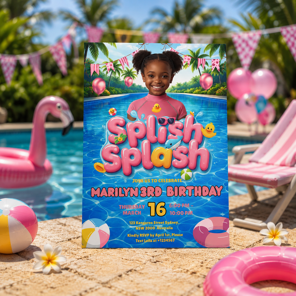 Kids Pool Party Birthday Invitation with Photo, Summer Tropical Splash Party Invite, Girl Swim Invite, Printable Editable Digital Template