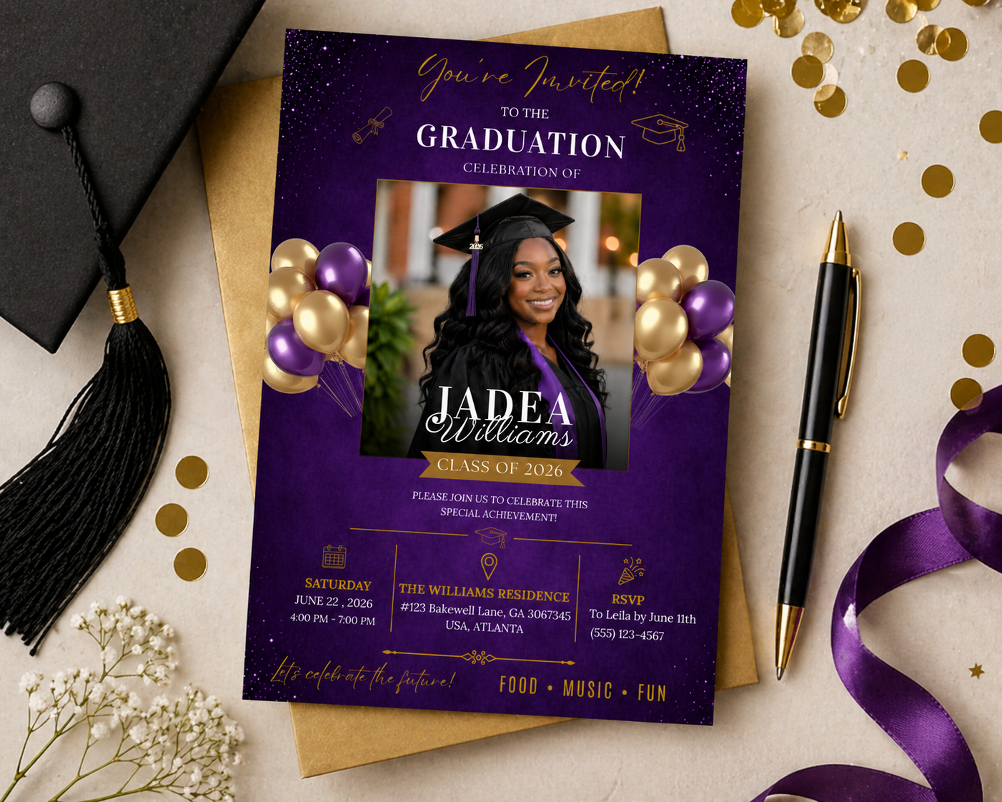Purple Graduation Announcement Invitation with Photo, Class of 2026 Grad Party Invite for Him and Her High School College Editable Printable