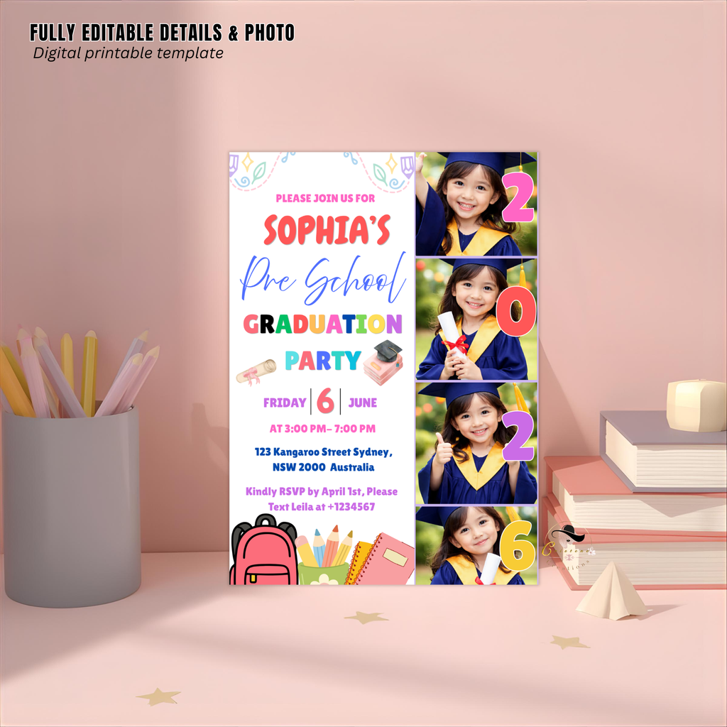 Pre K Graduation Invitation with Photo, Kindergarten Graduation Invite, Class of 2026 Preschool Grad Party Editable Canva Printable Template