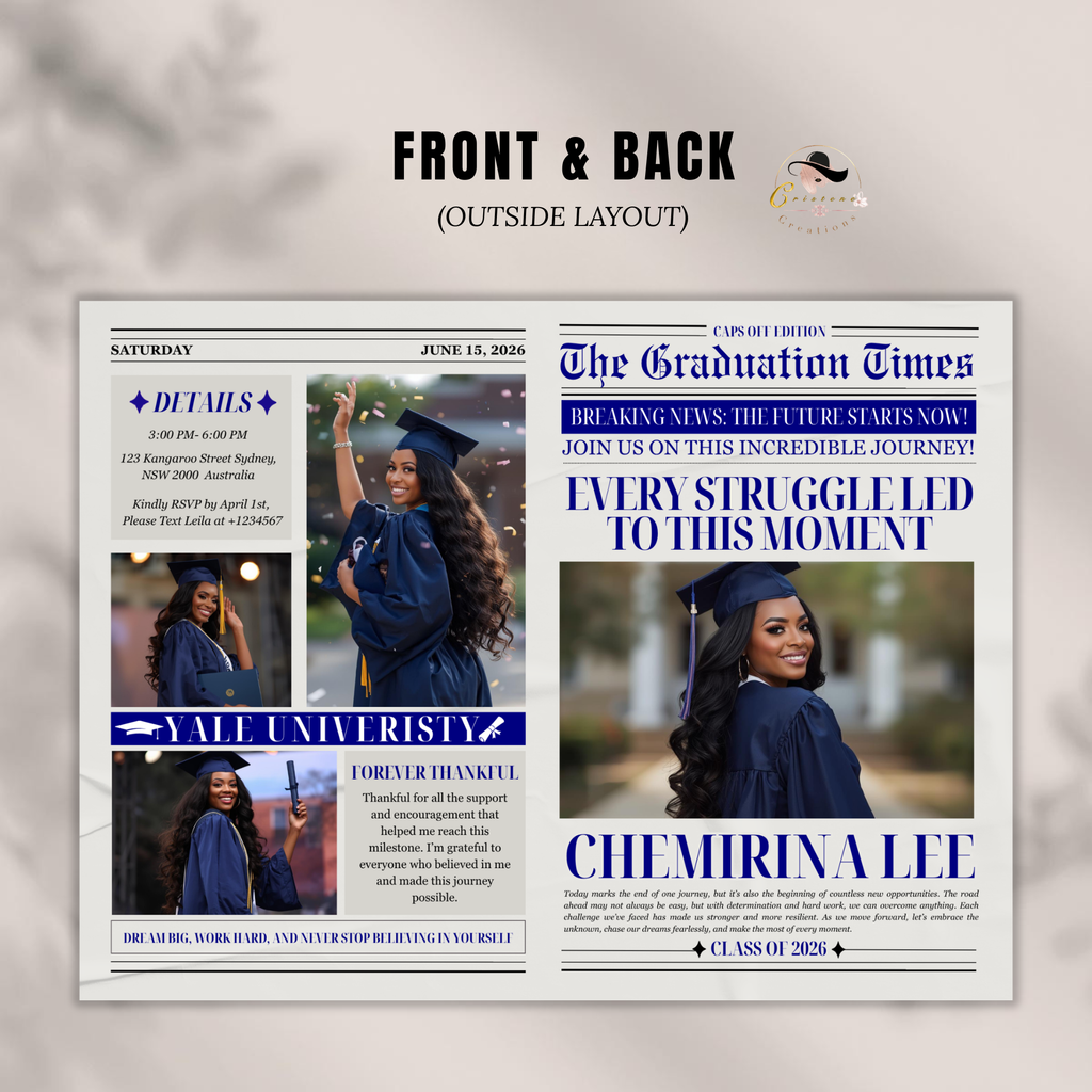 Graduation Newspaper Template with Photo, Class of 2026 Grad Announcement Invite for Him and Her, Editable Canva Blue Newspaper Invitation
