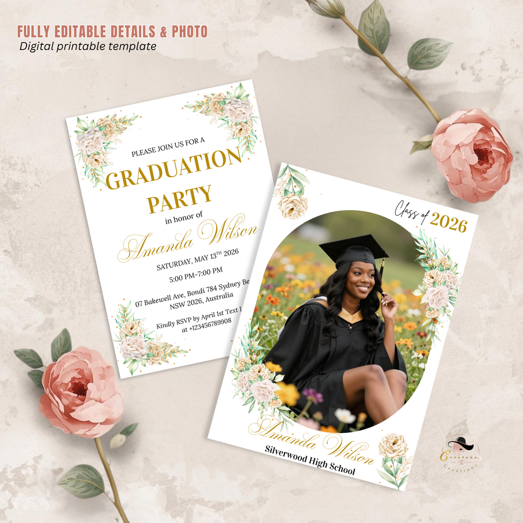 Wildflower Graduation Party Invitation, Boho Floral Senior Grad Announcement with photo invite, Girl Graduation Brunch Printable Template