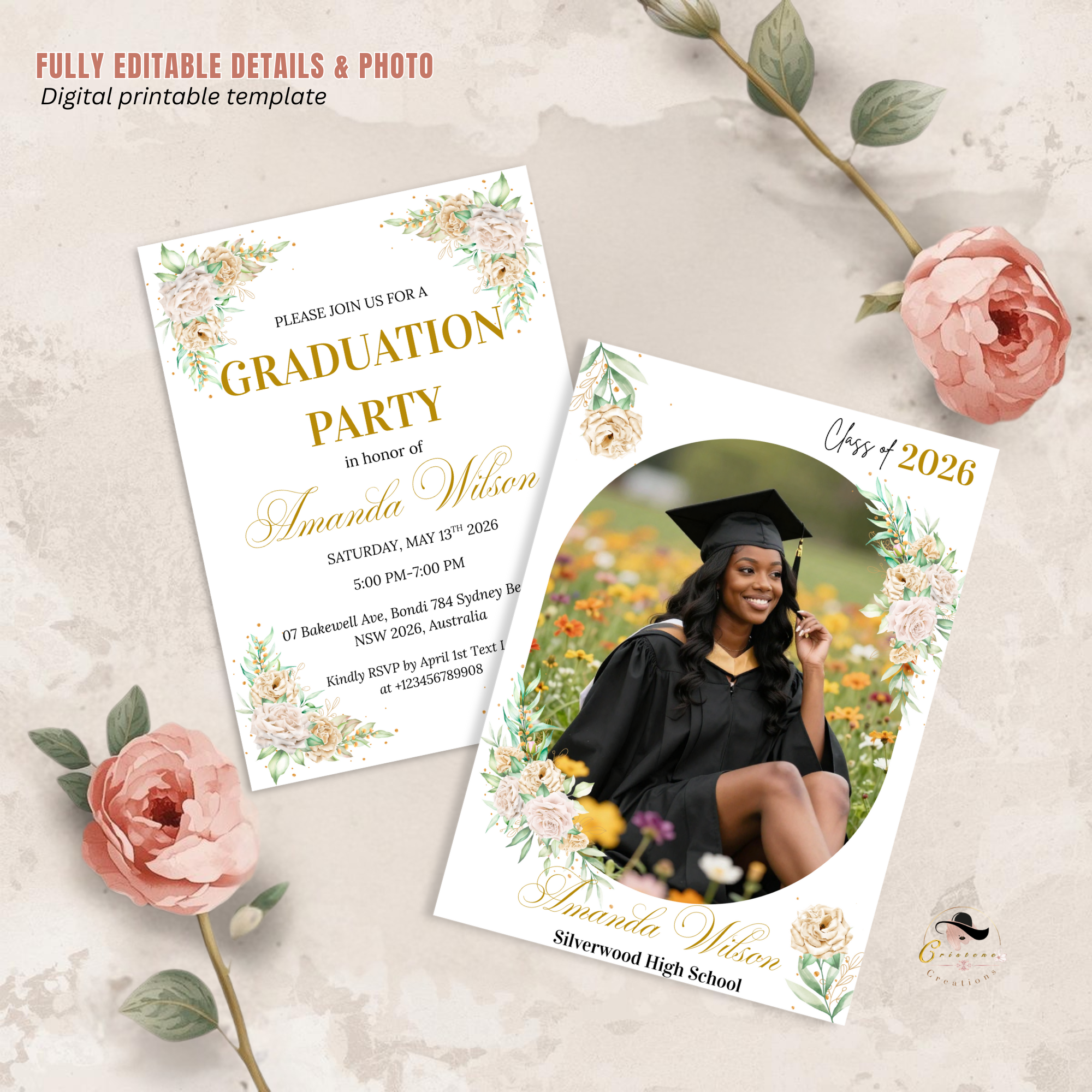 Wildflower Graduation Party Invitation, Boho Floral Senior Grad Announcement with photo invite, Girl Graduation Brunch Printable Template