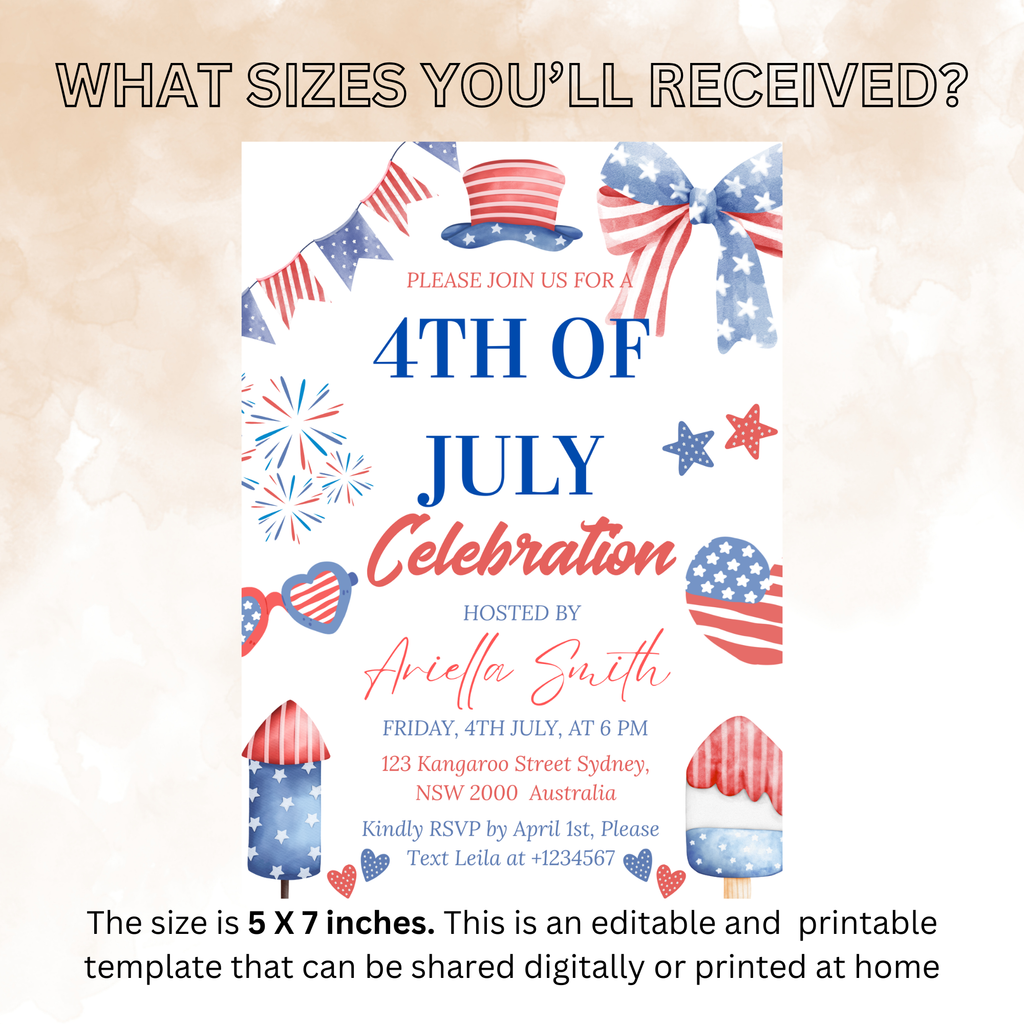 Fourth of July Invitation, 4th of July BBQ Party invite, USA Independence day, Patriotic Invite, Red White Blue, Digital Printable template