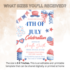 Fourth of July Invitation, 4th of July BBQ Party invite, USA Independence day, Patriotic Invite, Red White Blue, Digital Printable template