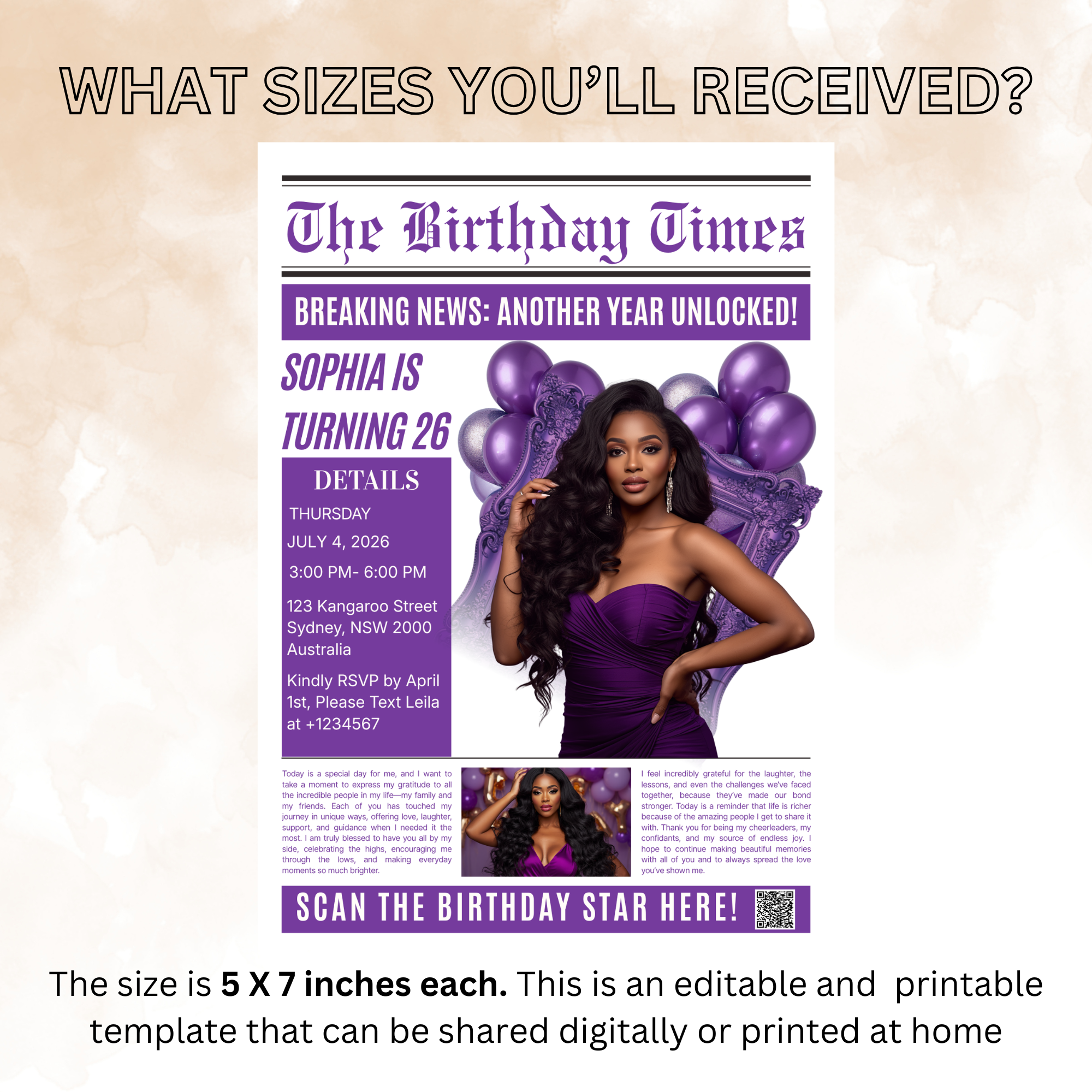 Purple Newspaper Birthday Invitation with Photo, Woman Birthday Dinner & Brunch Party Invite, Adult Celebration Editable Canva Template