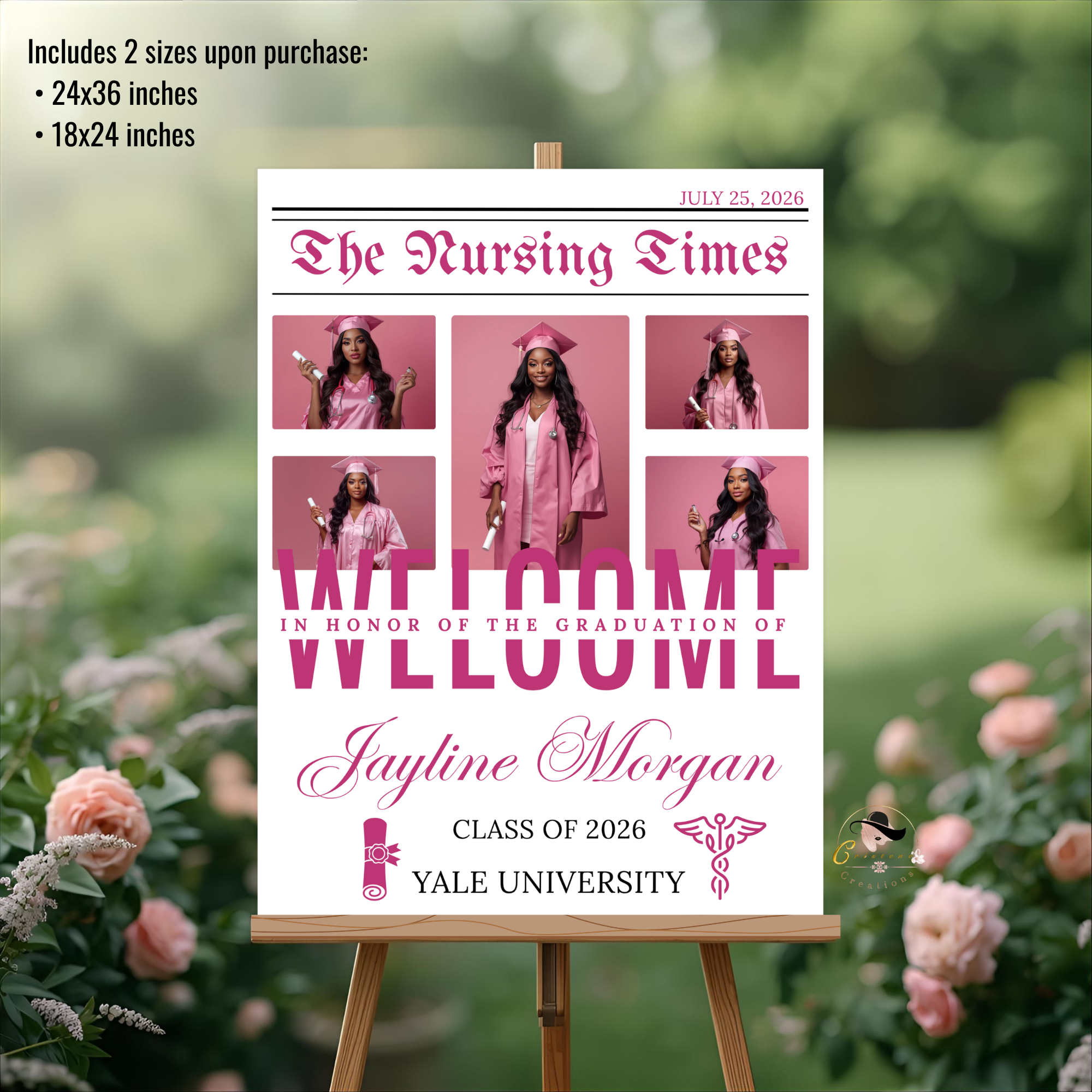 Pink Nursing Graduation Welcome Party Sign, Newspaper Style with Photo, RN BSN LPN Pinning Ceremony Sign, Nurse Poster Sign, Canva Template