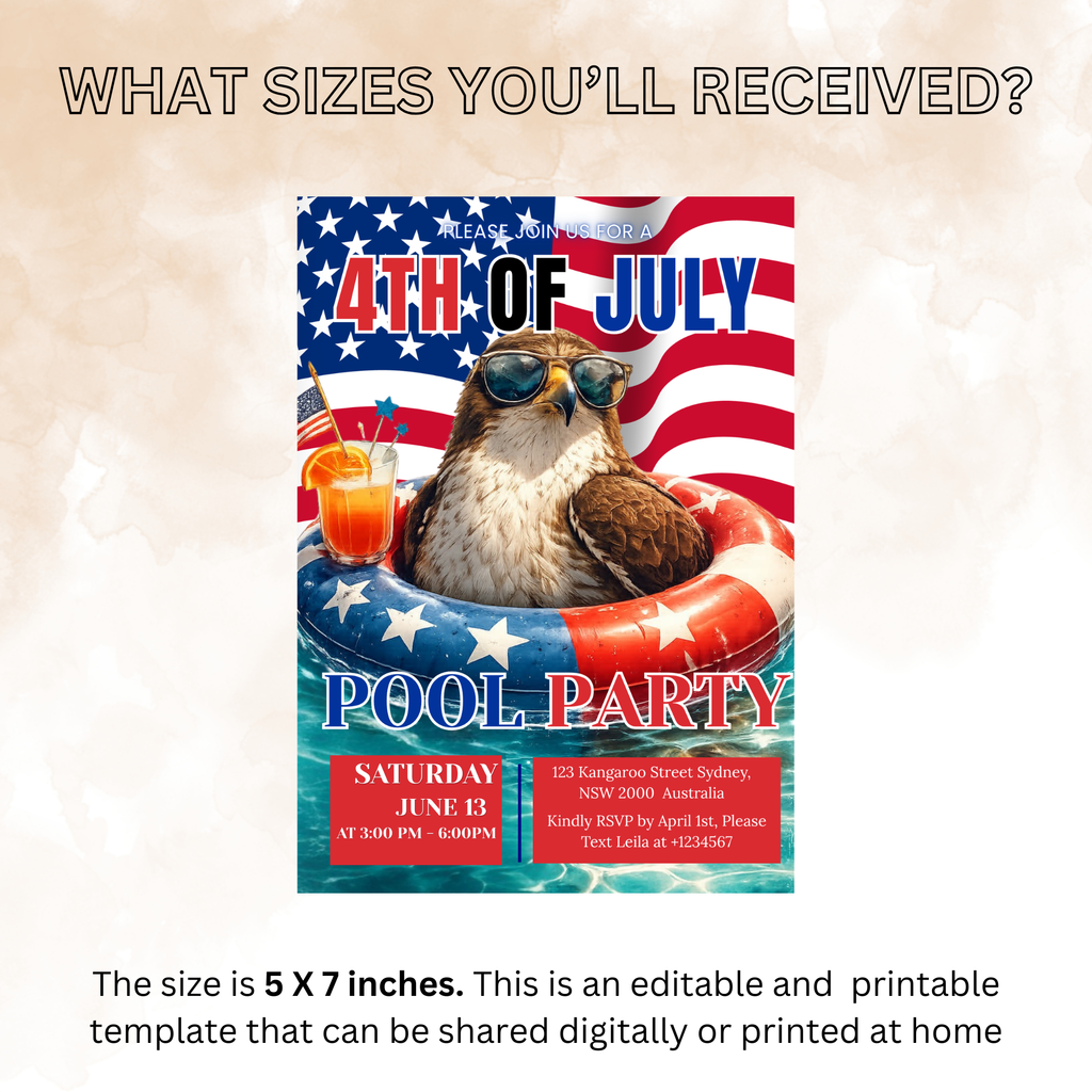 4th of July Pool Party Invitation, Patriotic BBQ Cookout Party Invite, Independence Day Fireworks Invite, Printable Digital Template