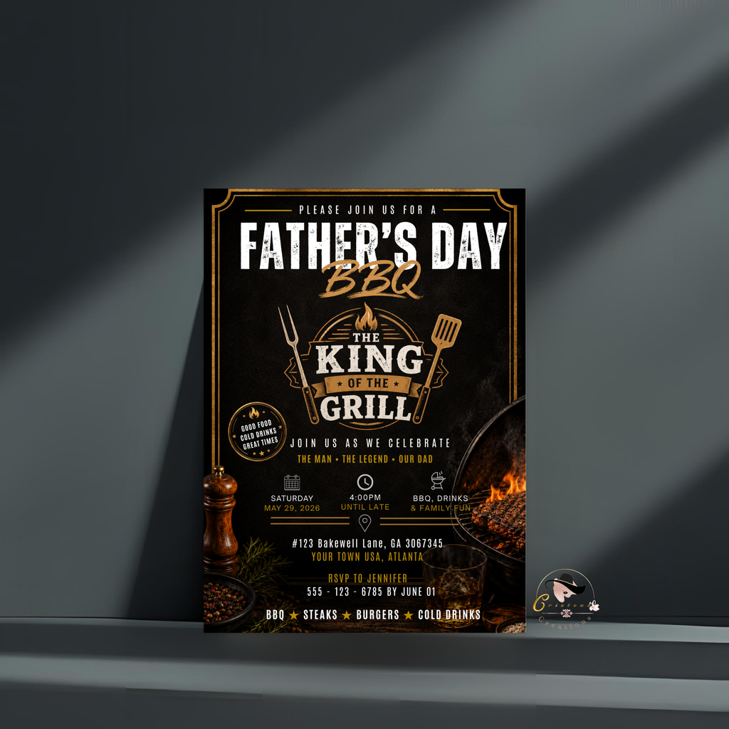 Father’s Day Family Cookout Invitation, BBQ Party for Dad, Barbecue Invite for him, Backyard Summer Gathering, Black Gold Editable Template