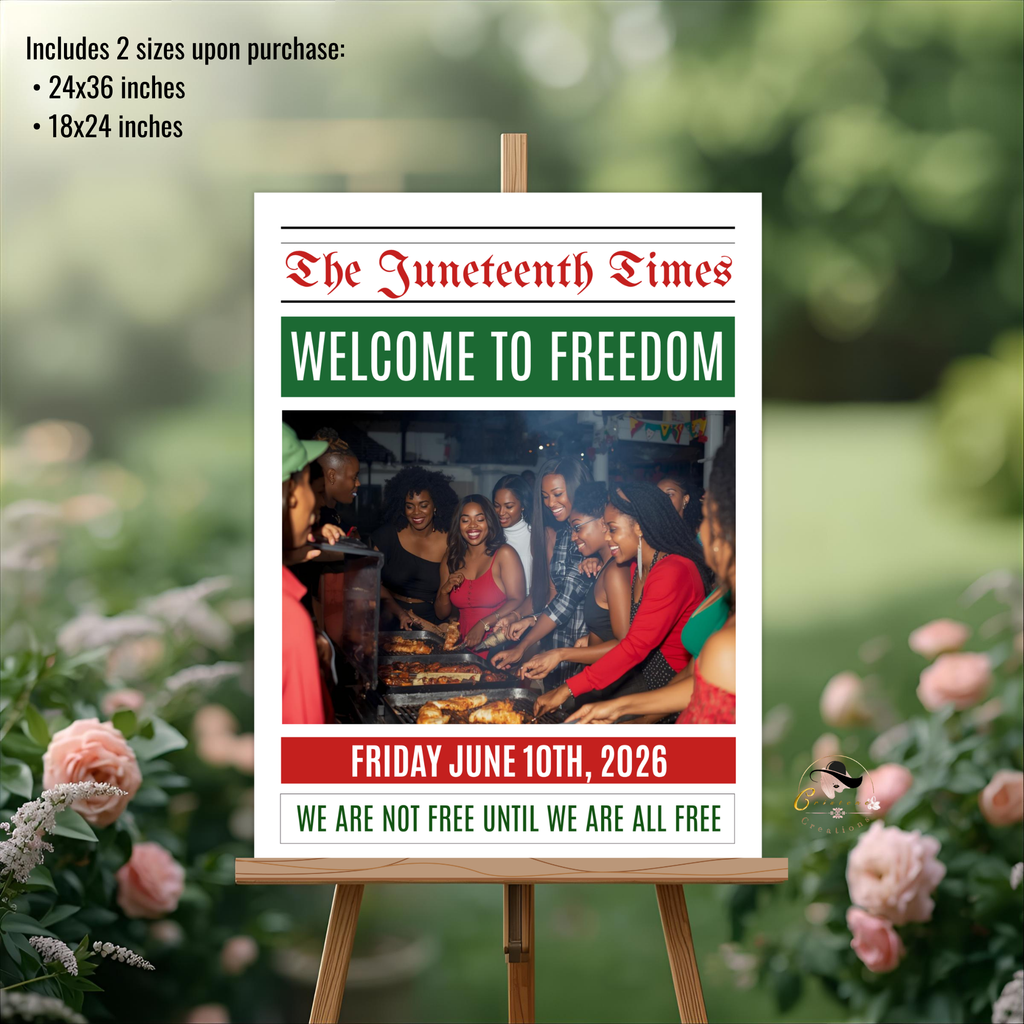 Newspaper Juneteenth Welcome Sign Template with Photo, Black Freedom Day BBQ Cookout Celebration, June 19th Party Sign Printable Template