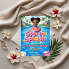 Kids Pool Party Birthday Invitation with Photo, Summer Tropical Splash Party Invite, Girl Swim Invite, Printable Editable Digital Template