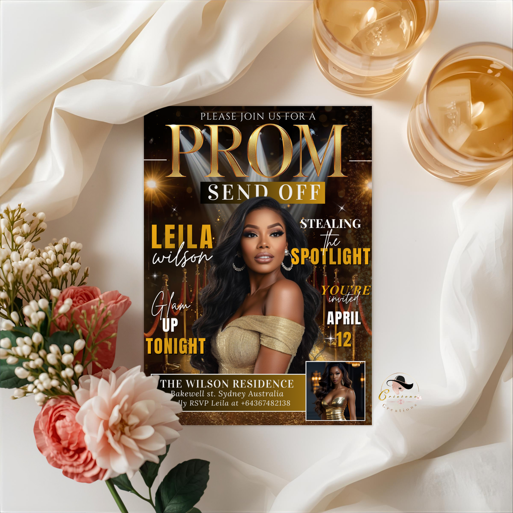 Black Gold Prom Send Off Party Invitation, Prom Queen with photo invite, Girls Prom Night Flyer, Magazine Cover, Digital Printable Template