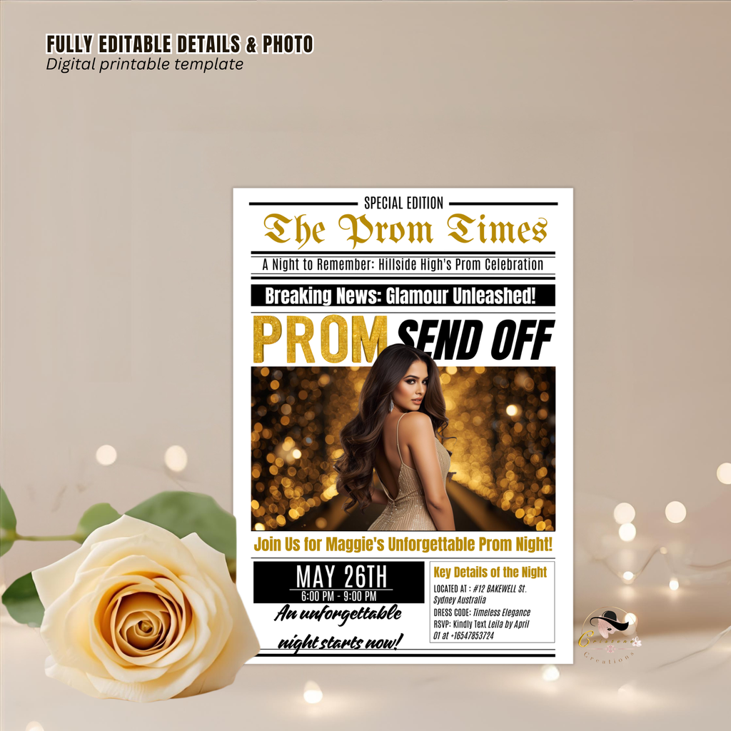 Newspaper Prom Send Off Invitation, Black Gold Prom Queen with photo invite, Teen Girl Prom Night Party Flyer, Digital Printable Template