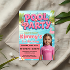 Kids Pool Party Birthday Invitation with Photo, Tropical Summer Splash Party Invite, Girl Splish Splash Invite, Editable Canva Template