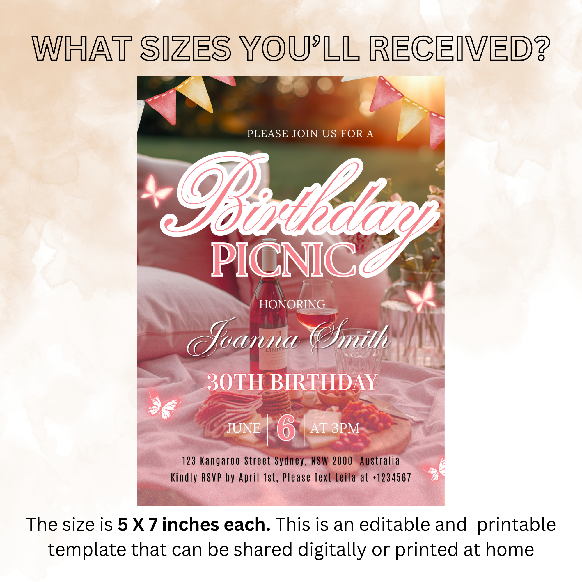 Birthday Picnic Invitation with Photo, Pink Summer Milestone Birthday Party Invite, Girl Picnic at the park Invite, Printable Canva Template