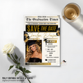 Graduation Save the Date Invitation with Photo, Newspaper Grad Announcement Invite for High School or College, Black Gold Printable Template
