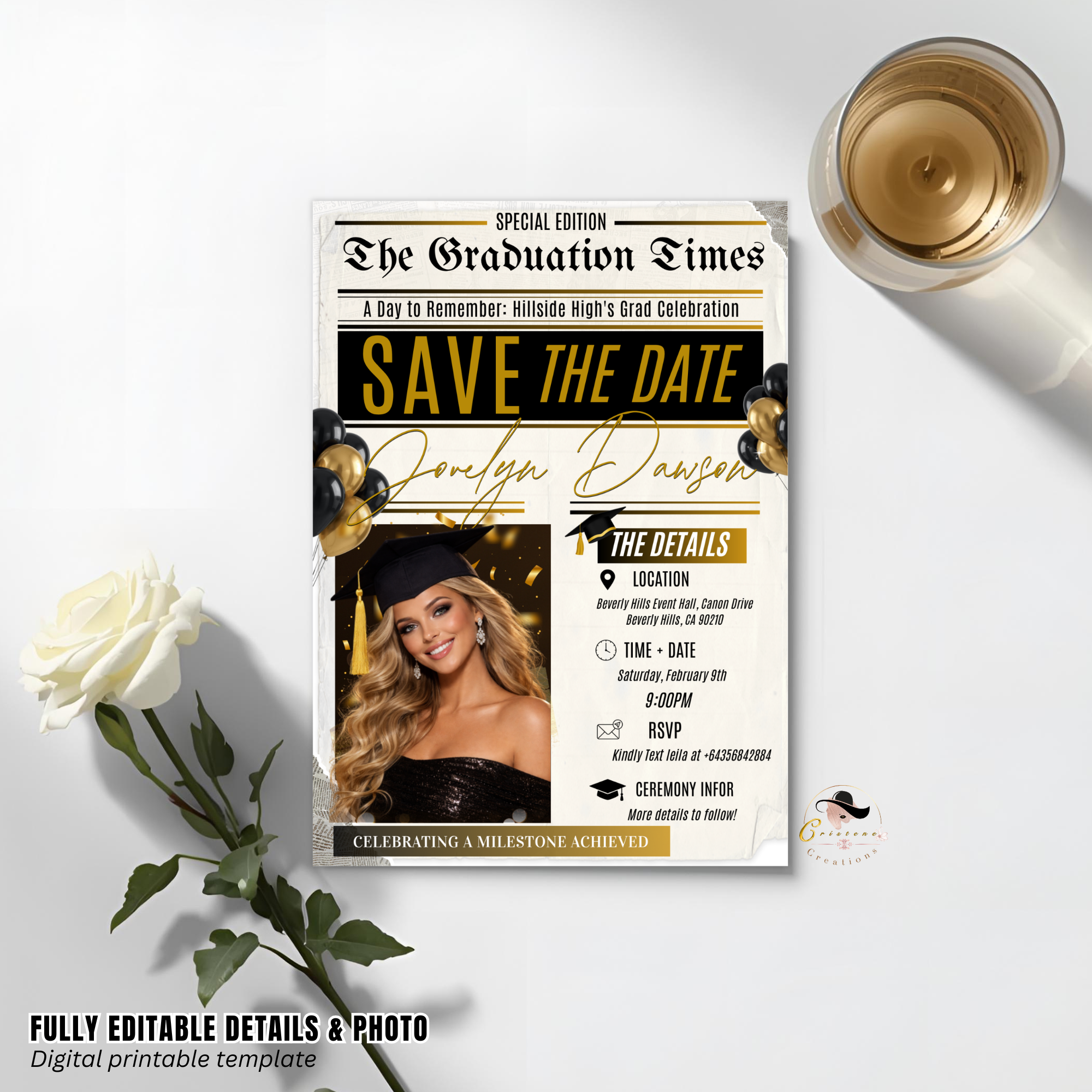 Graduation Save the Date Invitation with Photo, Newspaper Grad Announcement Invite for High School or College, Black Gold Printable Template