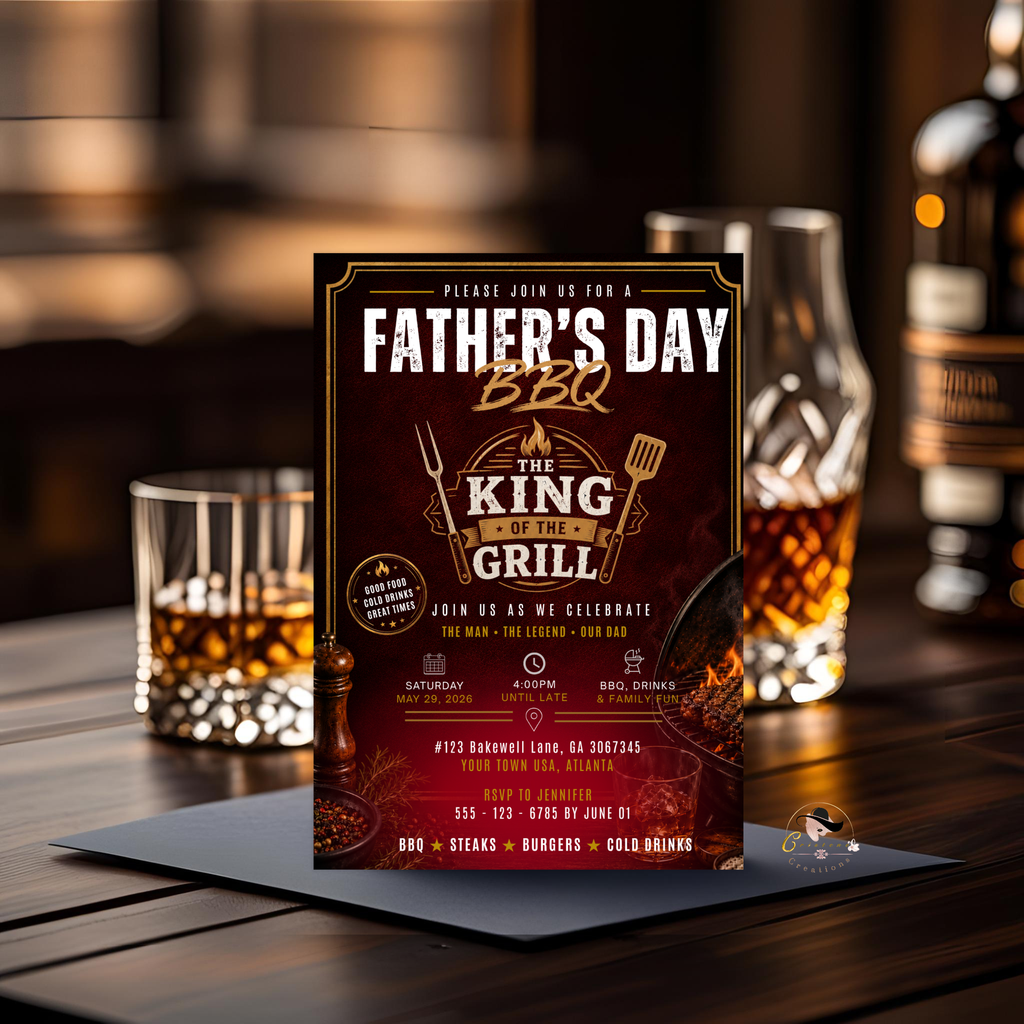 Father’s Day Backyard BBQ Invitation, Summer Grill Party for Dad, Birthday Barbecue Invite for Him, Red Editable Printable Canva Template
