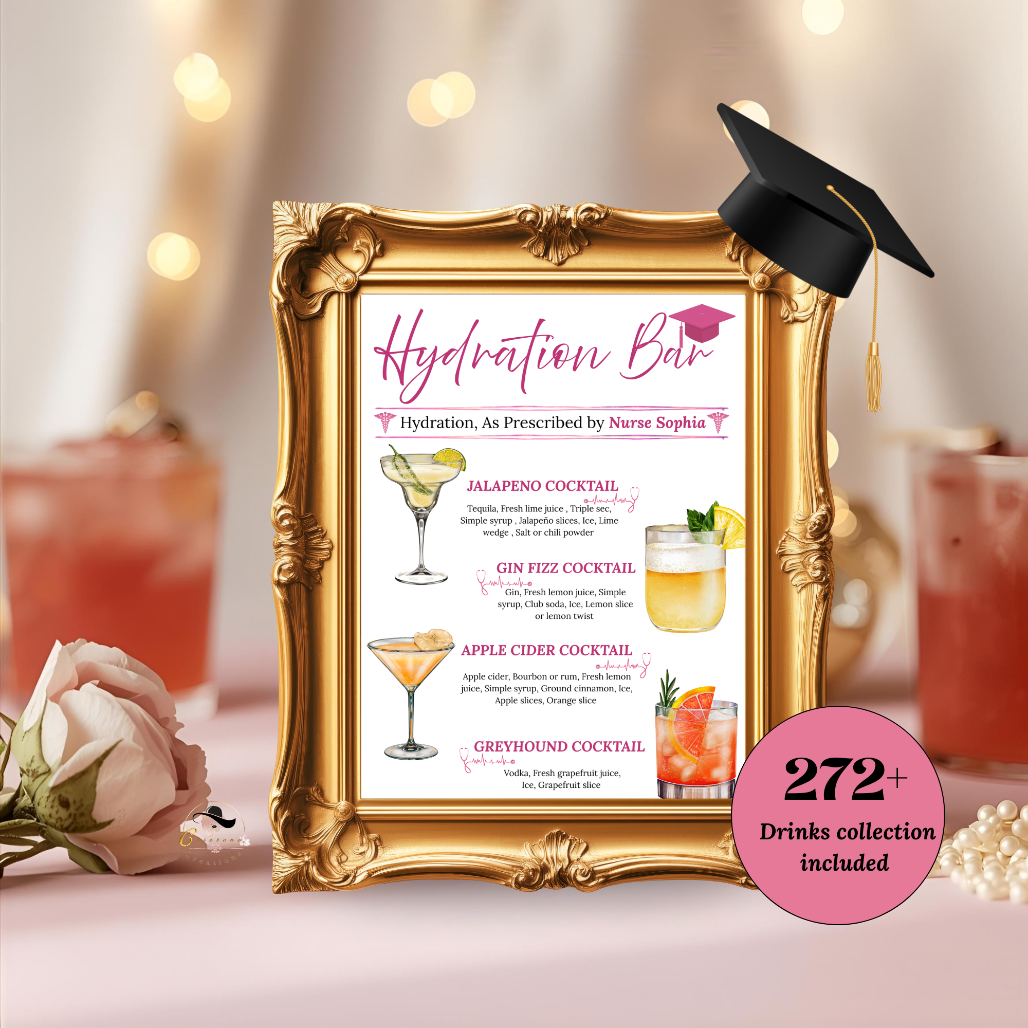 Pink Nurse Graduation Drink Menu Card, RN LPN CNA Cocktail Sign, Signature Drinks Bar Hydration Station, Editable Canva Printable Template