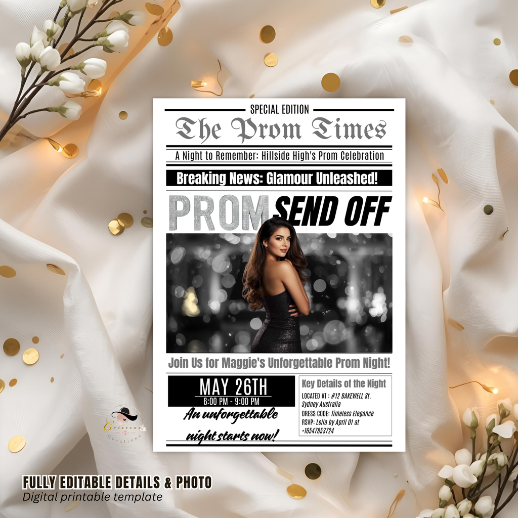 Newspaper Prom Send Off Party Invitation, Prom Queen with photo invite, Teen Boy Prom Night Party Flyer Card, Digital Printable Template
