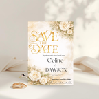 Floral Wedding Save the Date Invitation, White Gold Save Date Party Invite, Elegant Wedding Announcement, Printable Canva Template