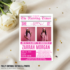 Newspaper Nurse Graduation Invitation with Photo, RN BSN LPN Pinning Ceremony Party, Pink Nursing Grad Invite, Editable Printable Template