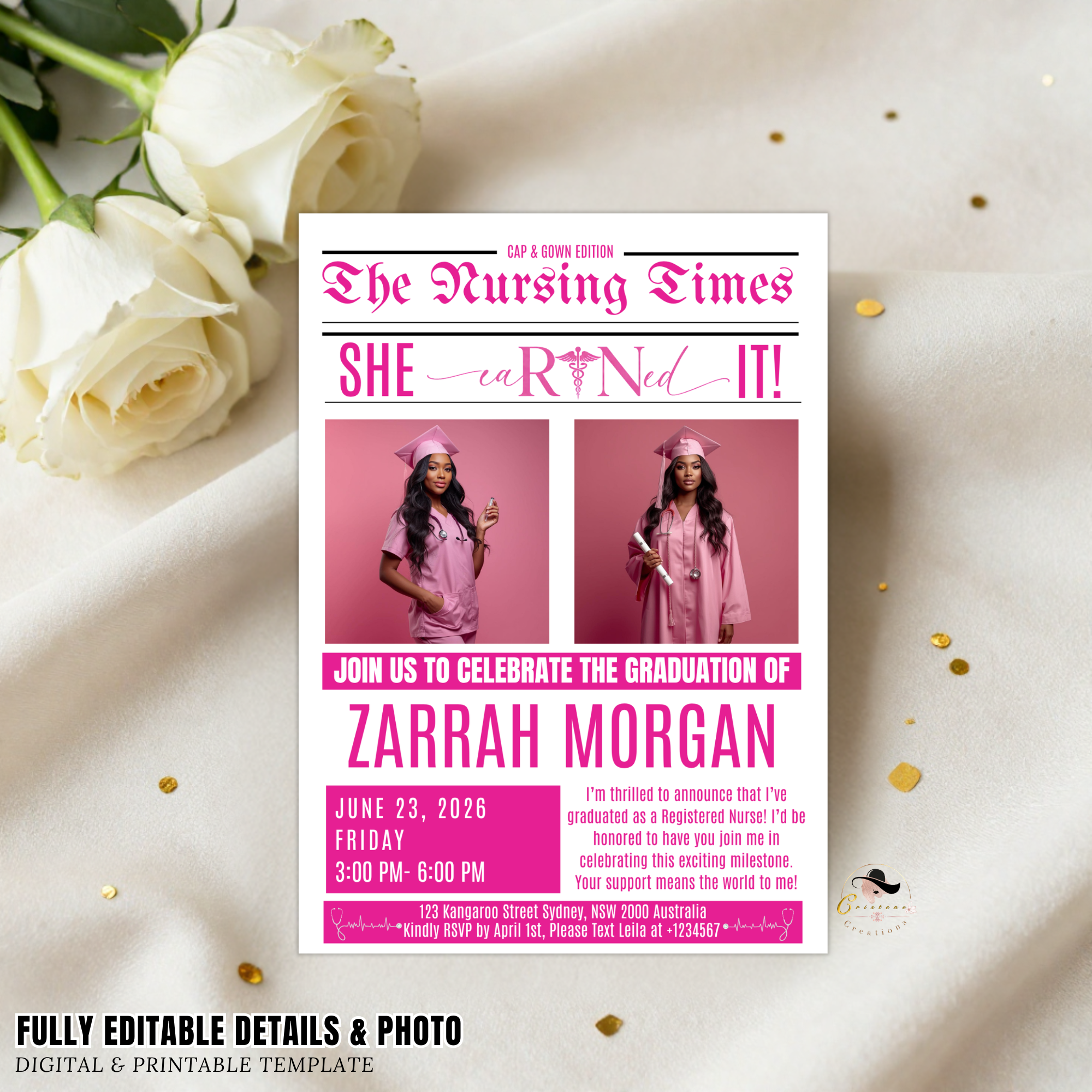 Newspaper Nurse Graduation Invitation with Photo, RN BSN LPN Pinning Ceremony Party, Pink Nursing Grad Invite, Editable Printable Template