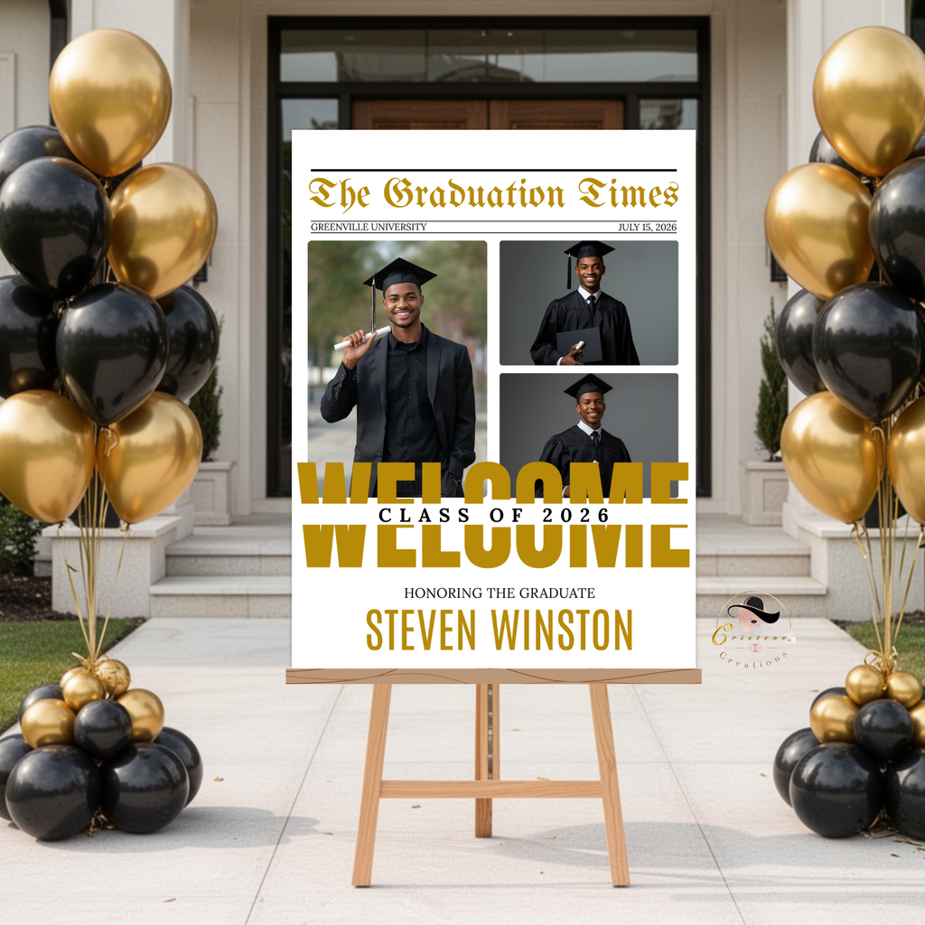 Newspaper Graduation Welcome Party Sign, Boy Senior Grad Announcement Sign with photo, 2026 High School Graduates Sign, Printable Template