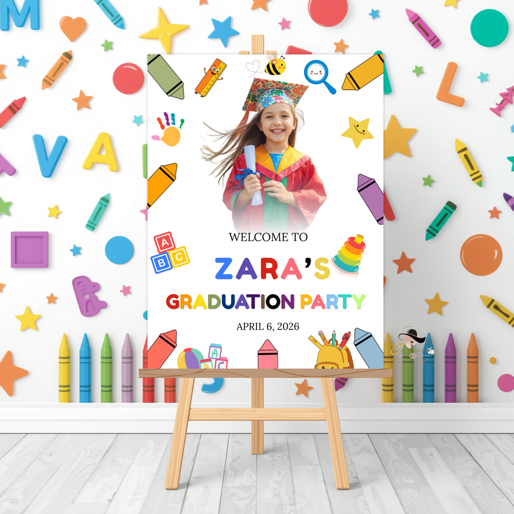 Preschool Graduation Welcome Sign with Photo, Kindergarten Kids Grad Poster Sign, Colorful Party Decor Canva Printable Template