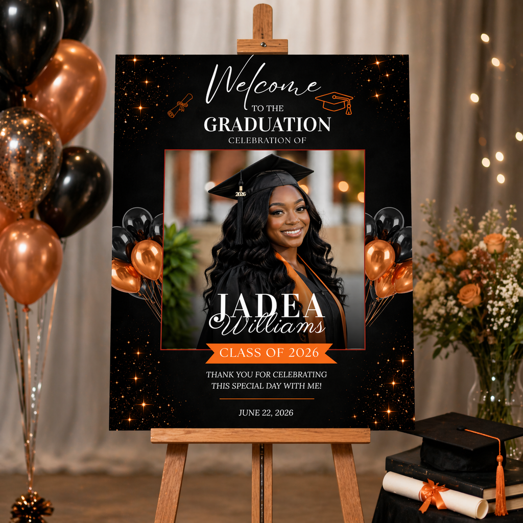 Orange Graduation Party Welcome Sign with Photo, High School College Grad Dinner Brunch Poster Sign, Editable Canva Printable Template