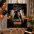 Orange Graduation Party Welcome Sign with Photo, High School College Grad Dinner Brunch Poster Sign, Editable Canva Printable Template