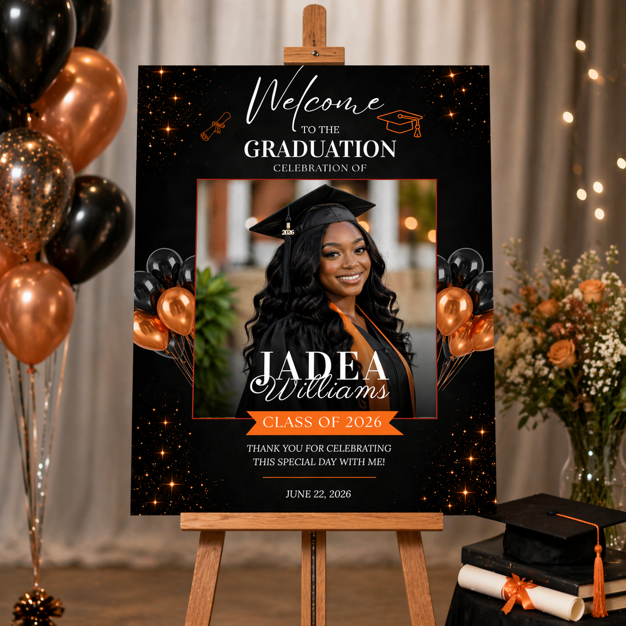 Orange Graduation Party Welcome Sign with Photo, High School College Grad Dinner Brunch Poster Sign, Editable Canva Printable Template