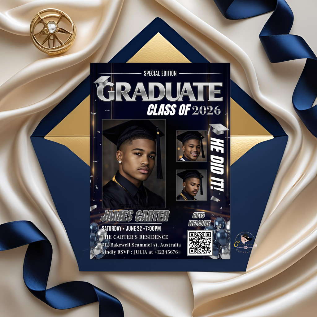Boy Graduation Invitation, Senior Grad Party with photos invite, Male College High school Graduates Announcement, Blue Silver Flyer Template