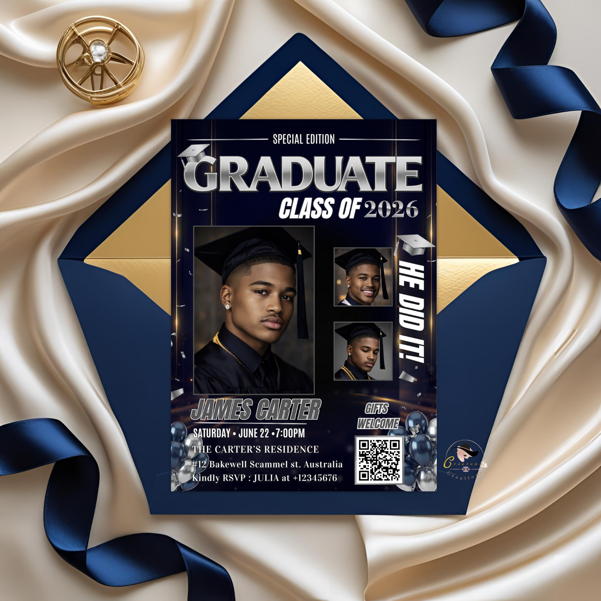 Boy Graduation Invitation, Senior Grad Party with photos invite, Male College High school Graduates Announcement, Blue Silver Flyer Template