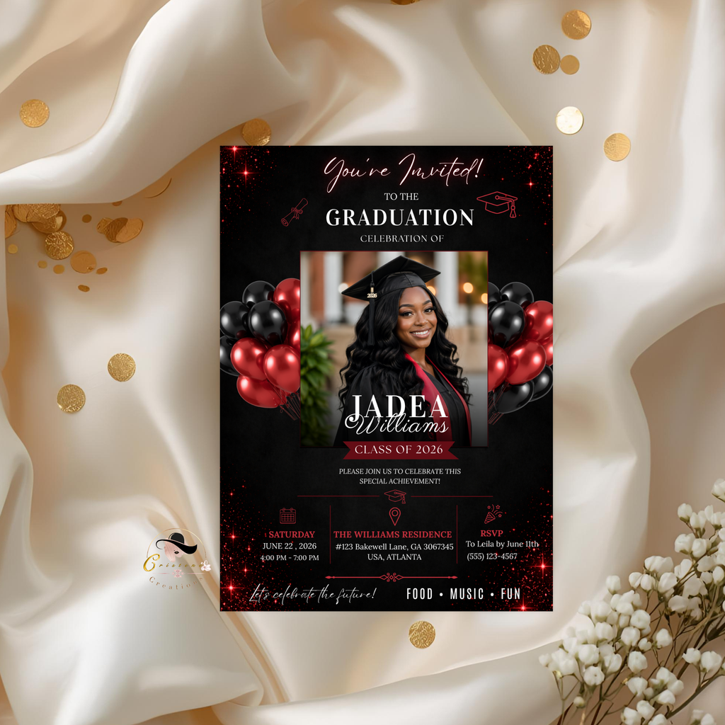 Graduation Invitation with Photo, Class of 2026 Grad Party Invite for Him and Her, High School College Red Editable Canva Printable Template