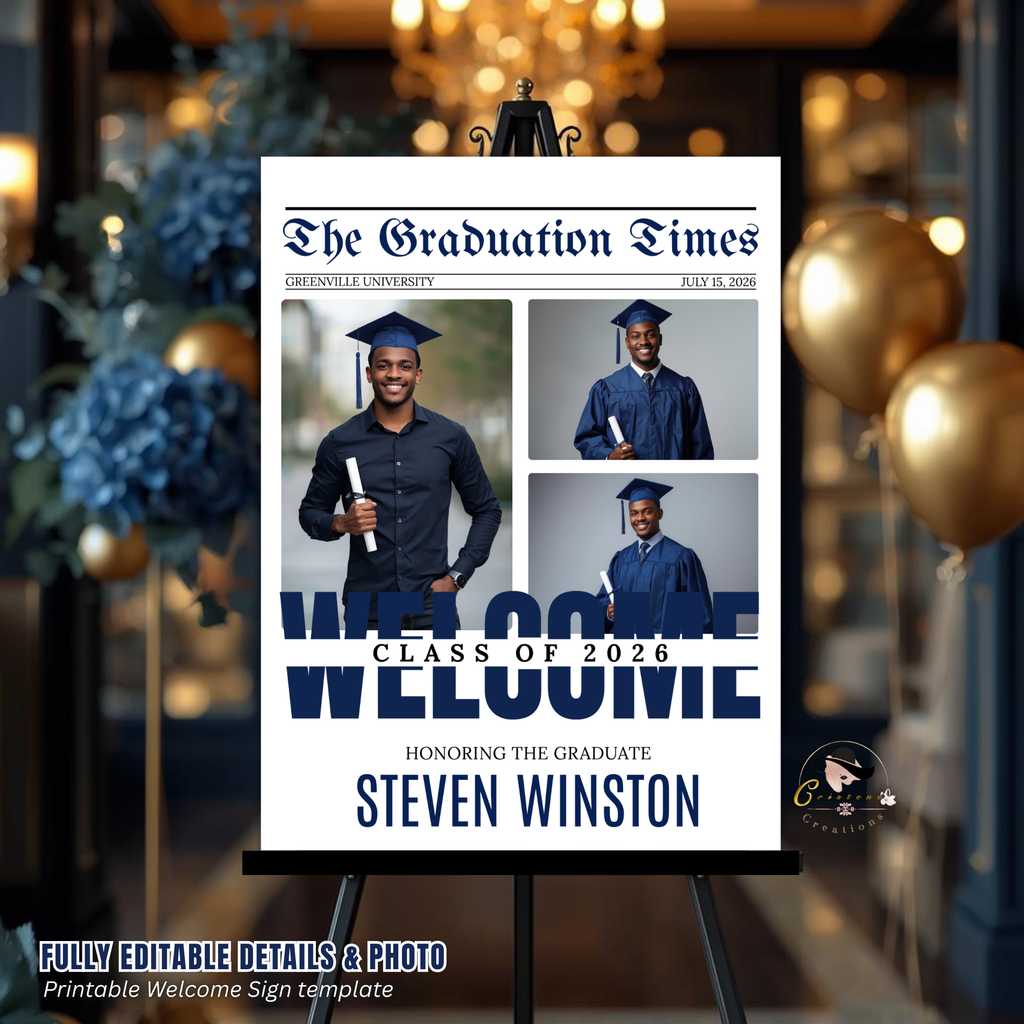 Newspaper Graduation Welcome Party Sign, Boy Senior Grad Announcement Sign with photo, Class 2026 Men Graduates Sign Blue Printable Template