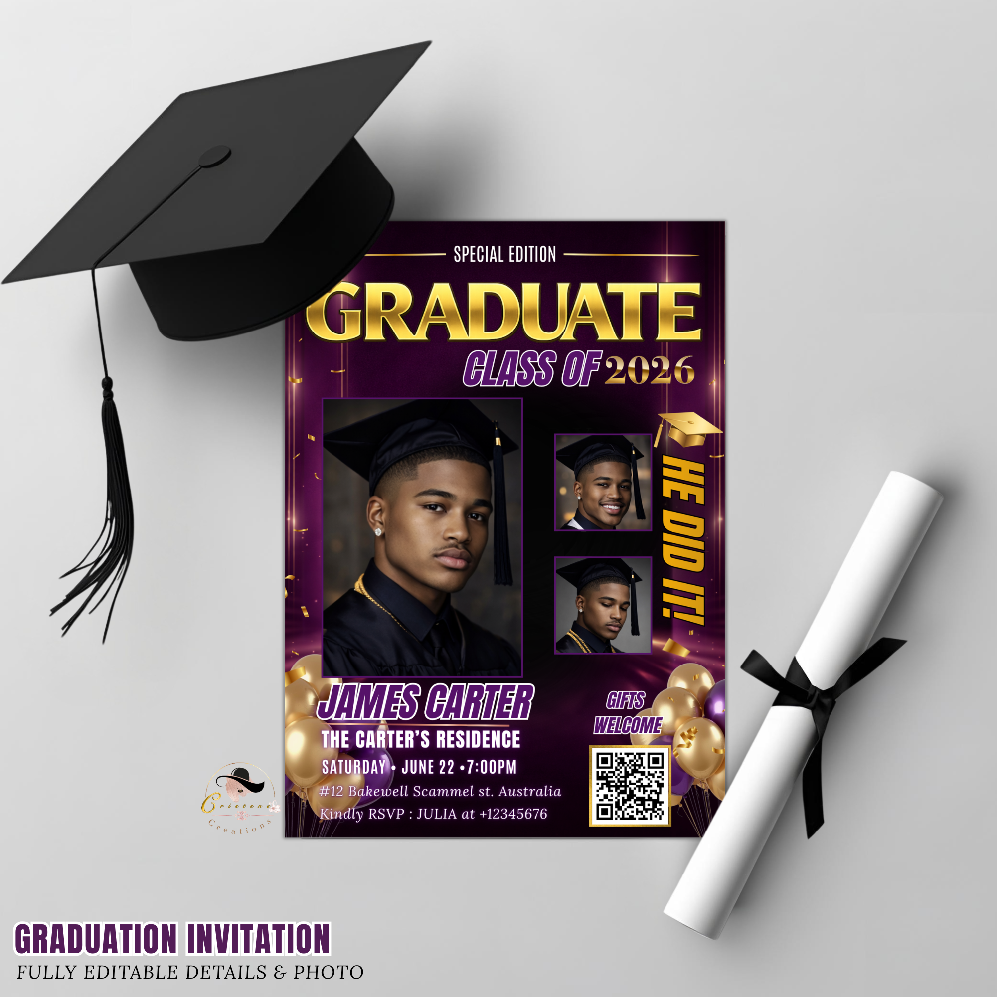 Purple Graduation Invitation, Boy Senior Grad Party with photos invite, Male College High school Graduates Announcement Card Flyer Template