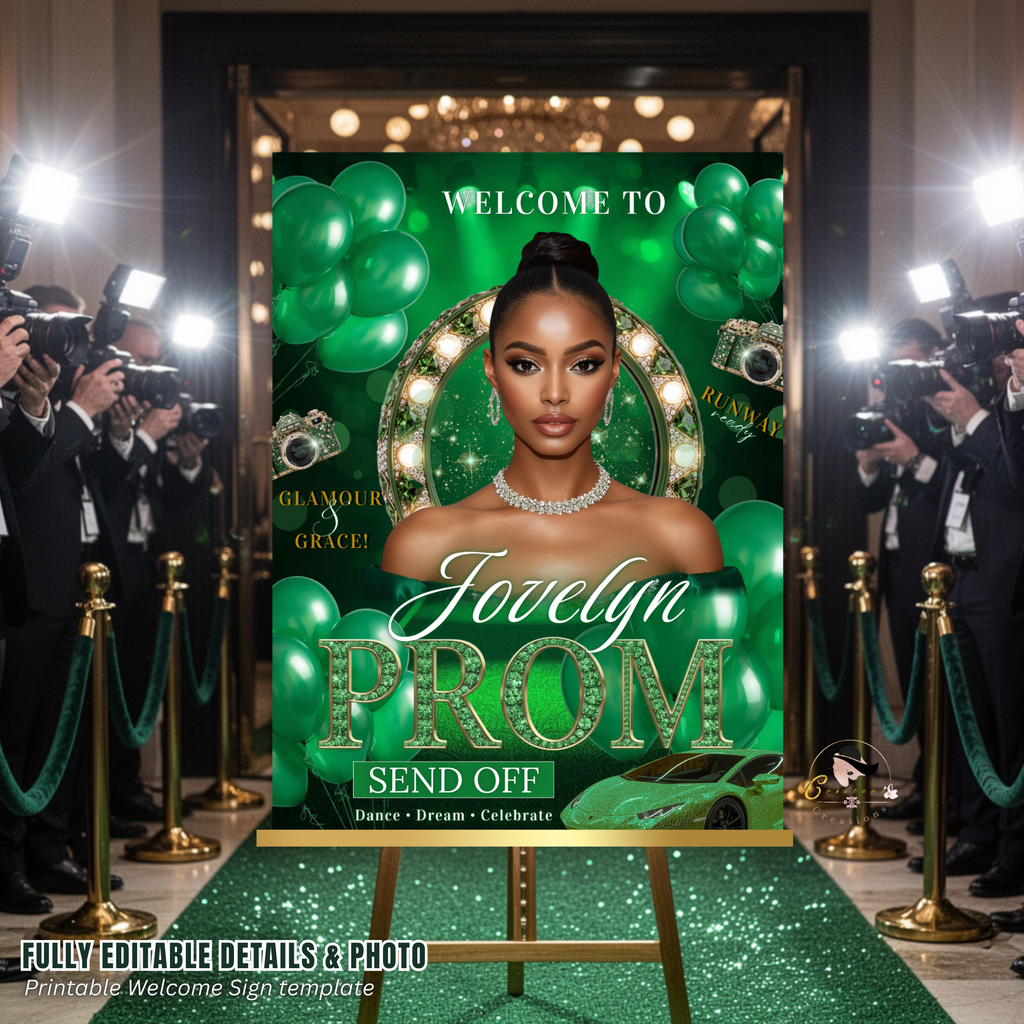 Green Prom Send Off Welcome Party Sign, Prom Queen Poster Sign with photo, Elegant Party Board Sign, Glam Hollywood Theme Printable Template