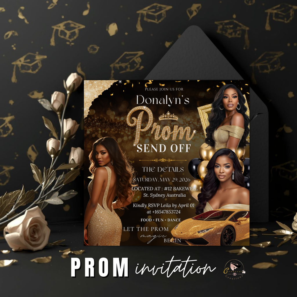 Black Gold Prom Send Off Party Invitation, Prom Queen with photo invite, Woman Prom Night Flyer, Elegant Prom, Digital Printable Template